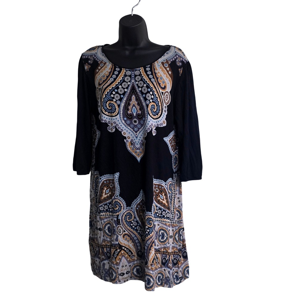 K&C Womens Black Paisley Scoop Neck 3/4 Sleeve‎ Shift Dress Size L C11